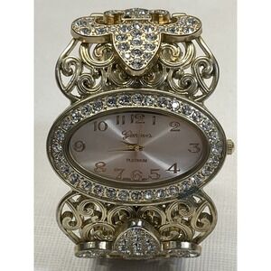 Geneva Platinum Womens Watch Gold Tone Crystal Cuff Bracelet Quartz Untested